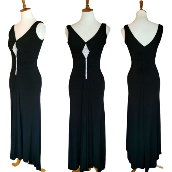 Scott McClintock 90's Black Rhinestone Ruched Wiggle Maxi‎ Dress - Picture 2 of 8
